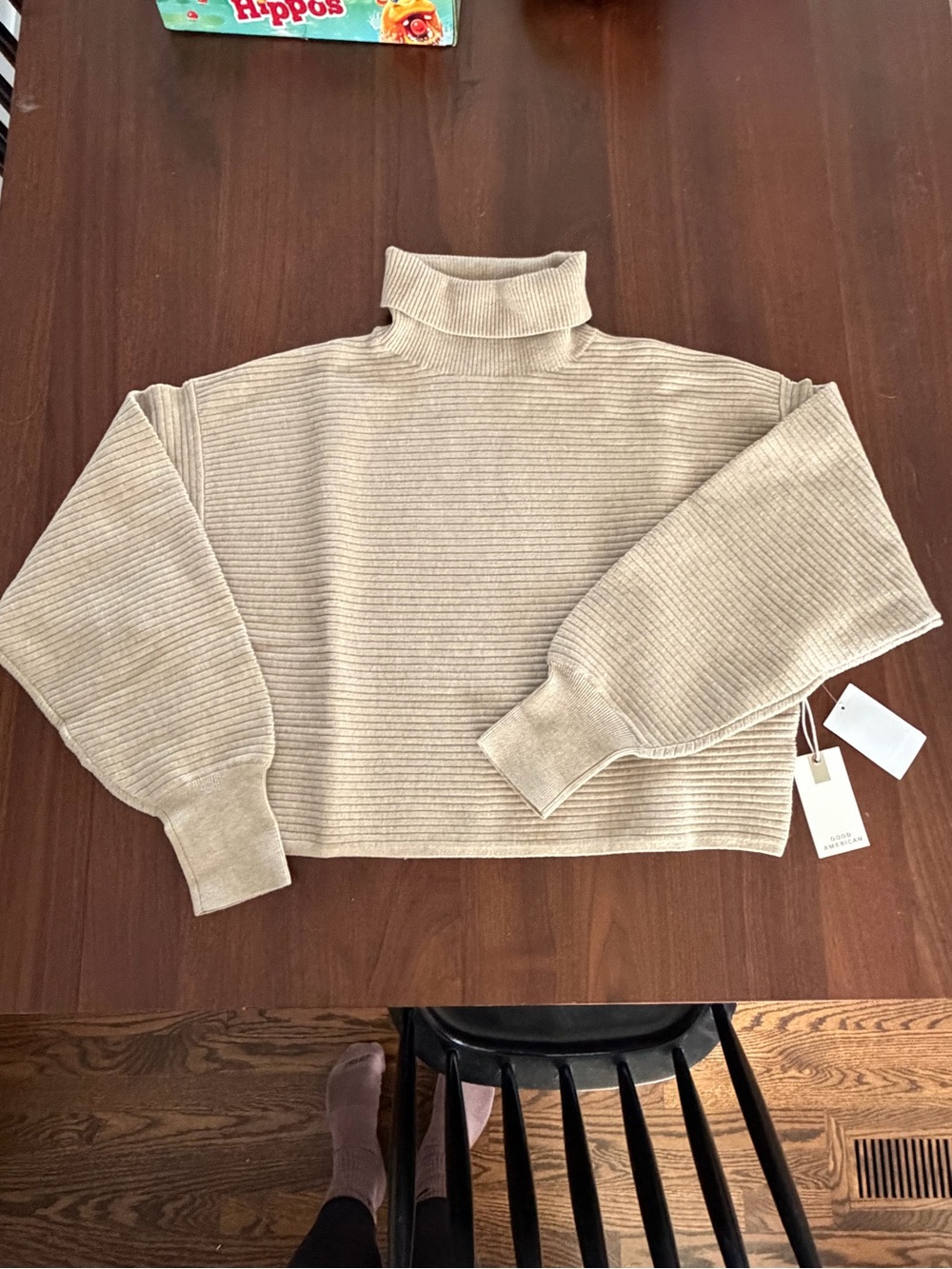 Good American Cream Ribbed Cropped Turtleneck Sweater